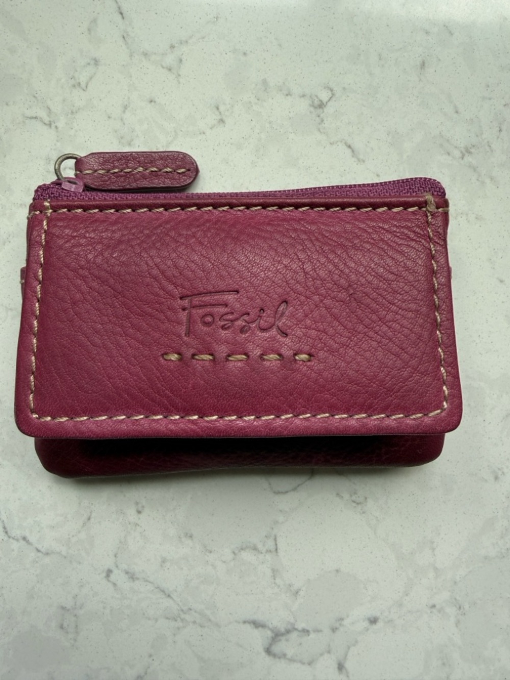 Fossil Infinity Pink Leather Zip Card Case with Contrast Stitching